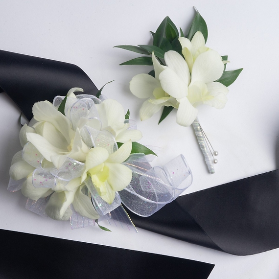 White Dendrobium Orchid Corsage & Boutonniere